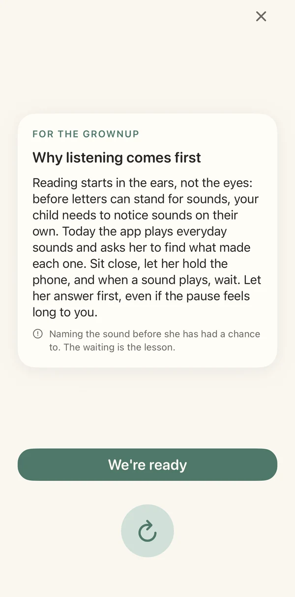 A Reading Helper card headed For the grownup, explaining why listening comes first and telling the parent to wait and let the child answer