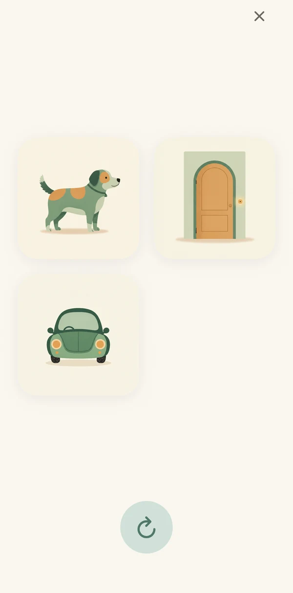 A Reading Helper activity: three plain illustrations — a dog, a door, a car — and no text, score, or streak anywhere on screen